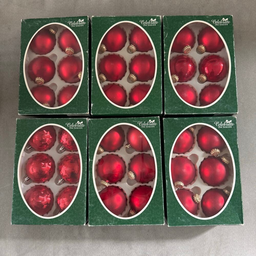 Celebrate the Season Red Glass Christmas Ornaments Lot 36 in Original Boxes